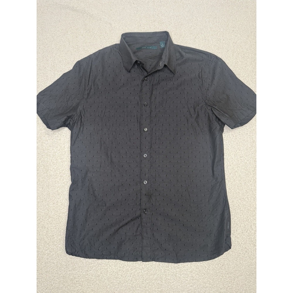 Perry Ellis Shirt Mens Medium Black Short Sleeve Button Up Dot Cotton